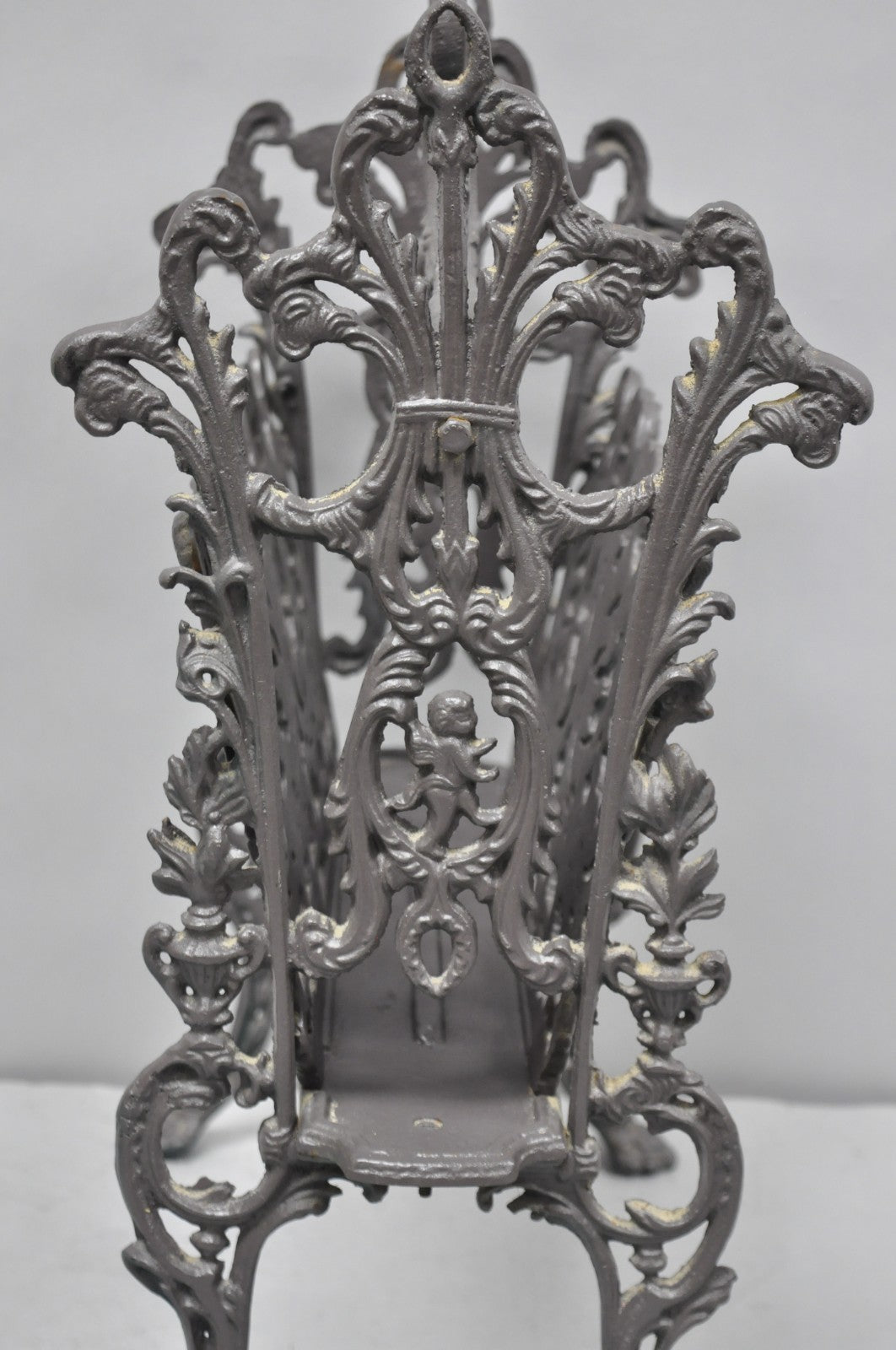 Vintage French Renaissance Victorian Style Cast Iron Magazine Rack with Cherubs
