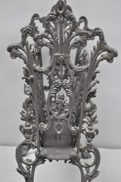 Vintage French Renaissance Victorian Style Cast Iron Magazine Rack with Cherubs