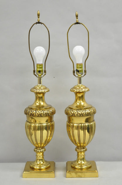 Vintage French Empire Style Gold Brass Metal Urn Form Table Lamps - a Pair