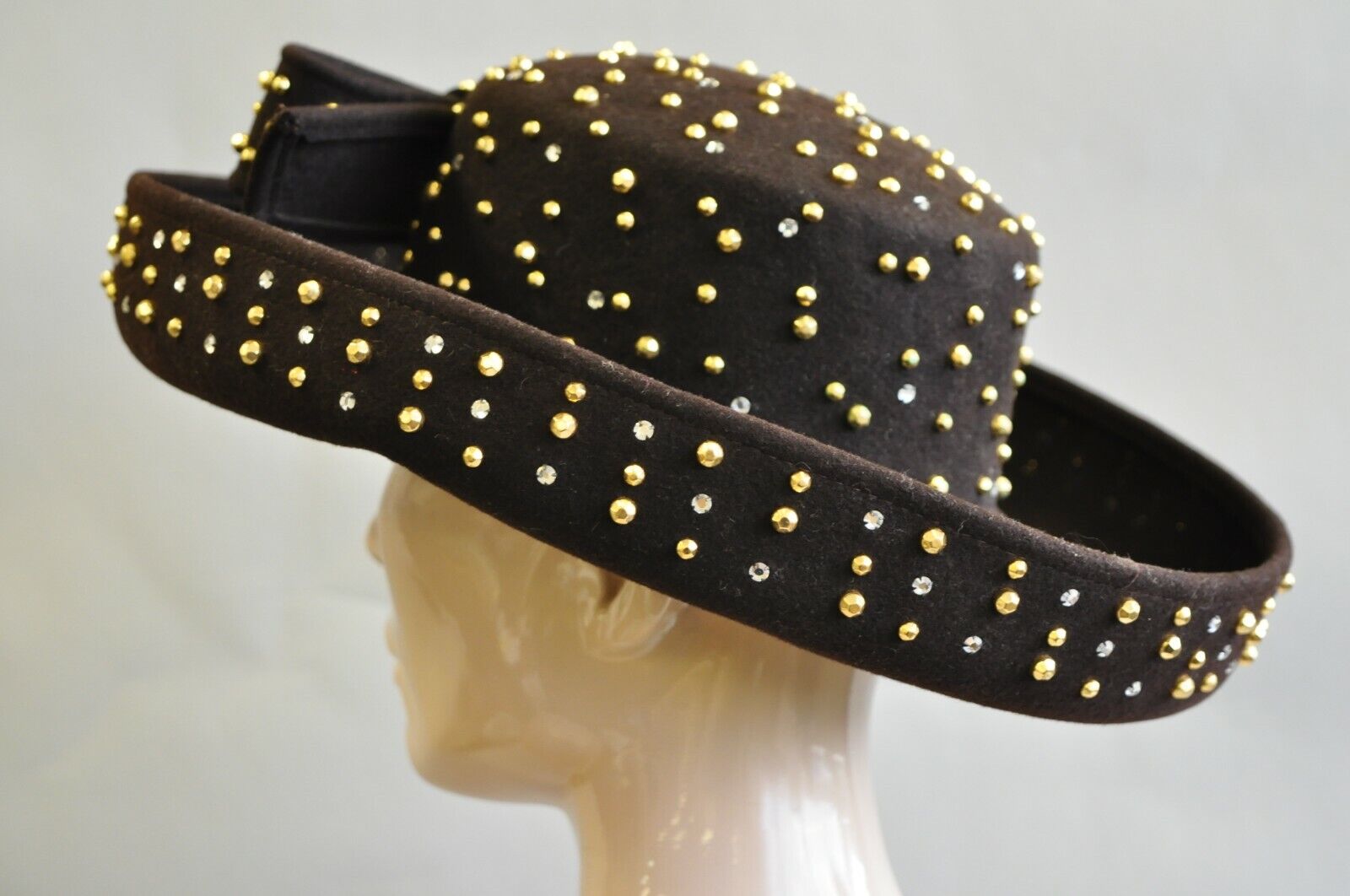 Vintage Jack McConnell Boutique Brown Wool Gold Silver Stud Wide Brim Derby Hat