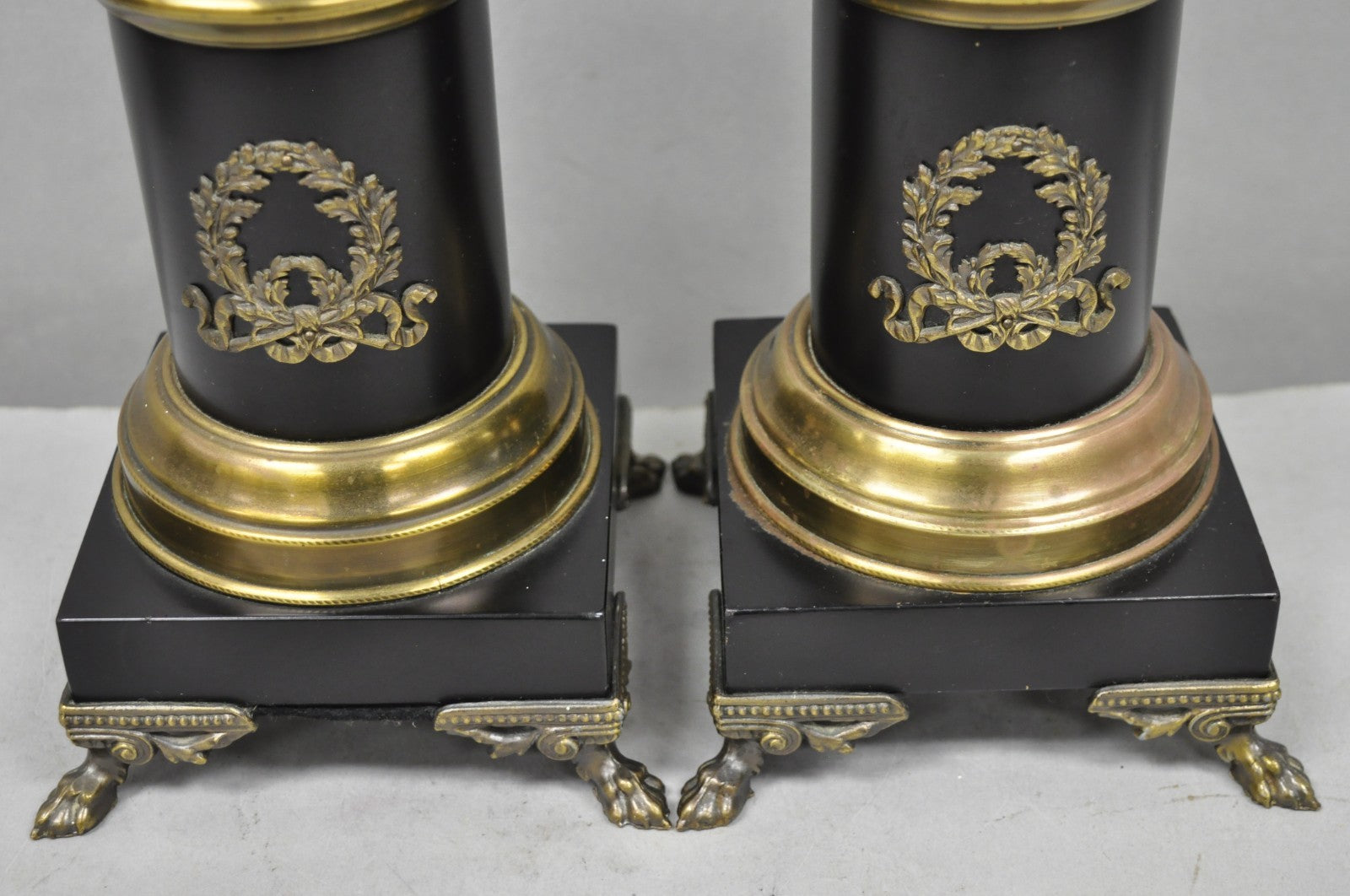 Vintage French Empire Style Black Column Brass Ormolu Bouillotte Table Lamp Pair