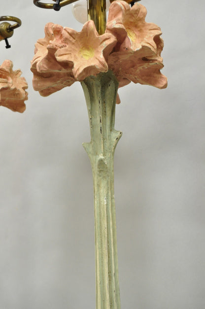 Vintage Hollywood Regency Pink Lily Flower Bouquet Tall Table Lamps by Hart Pair