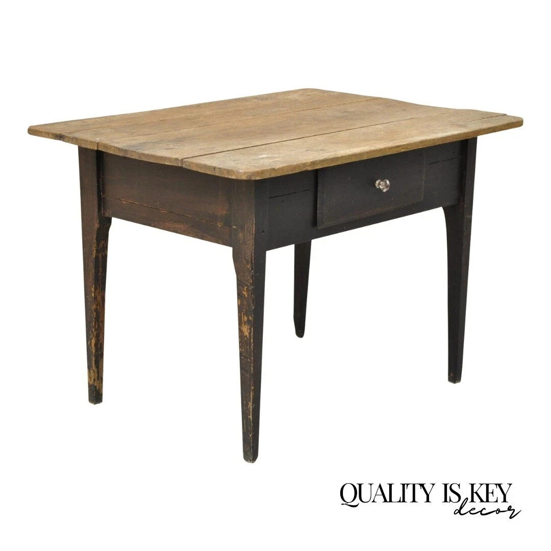 Antique French Country Primitive Black Distress Painted 1 Drawer Desk Work Table