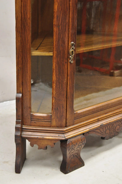 Antique Victorian Renaissance Oak Glass Door Carved Curio Corner China Cabinet