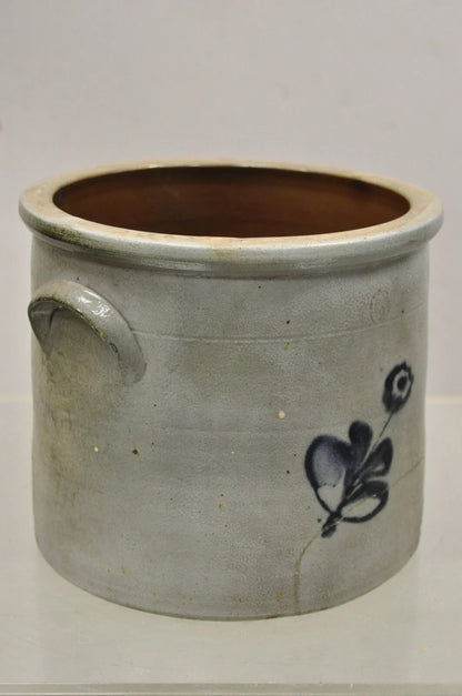 Antique Stoneware Salt Glazed 9" Round Pottery Crock Pot with Blue Flower