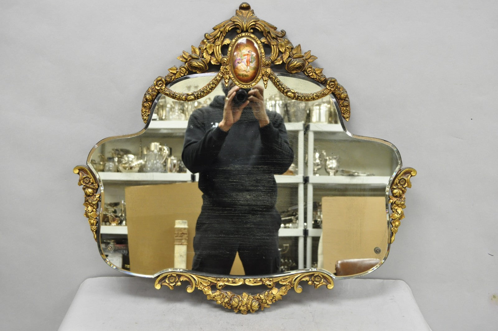 Antique French Rococo Victorian Gold Gilt Wood Frame Cameo Boudoir Wall Mirror