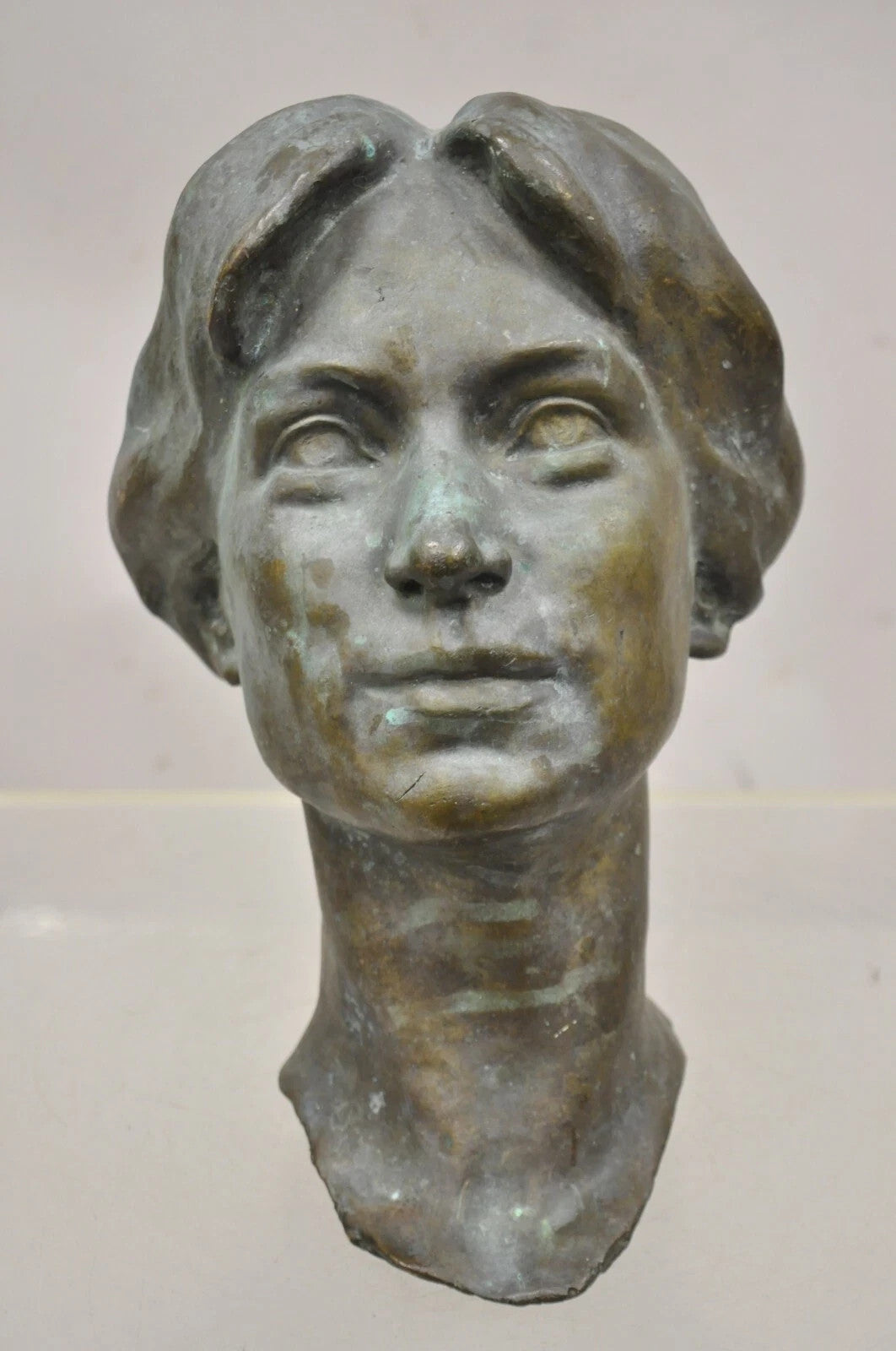 Vintage Patinated Cast Bronze Bust Statue Sculpture of Woman with Pinned Hair