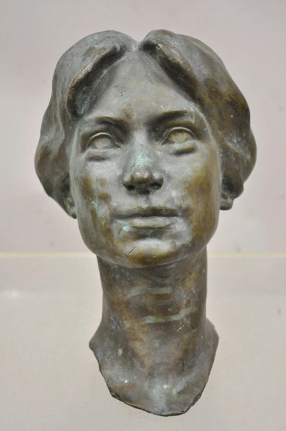 Vintage Patinated Cast Bronze Bust Statue Sculpture of Woman with Pinned Hair