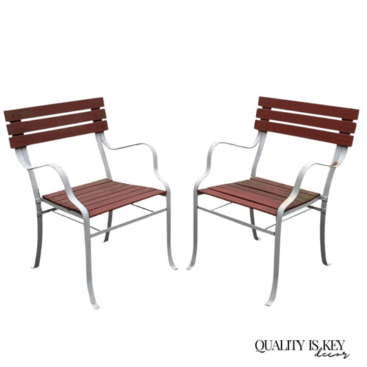 Vintage Wrought Iron Wood Slat French Style Garden Patio Outdoor Chairs - a Pair