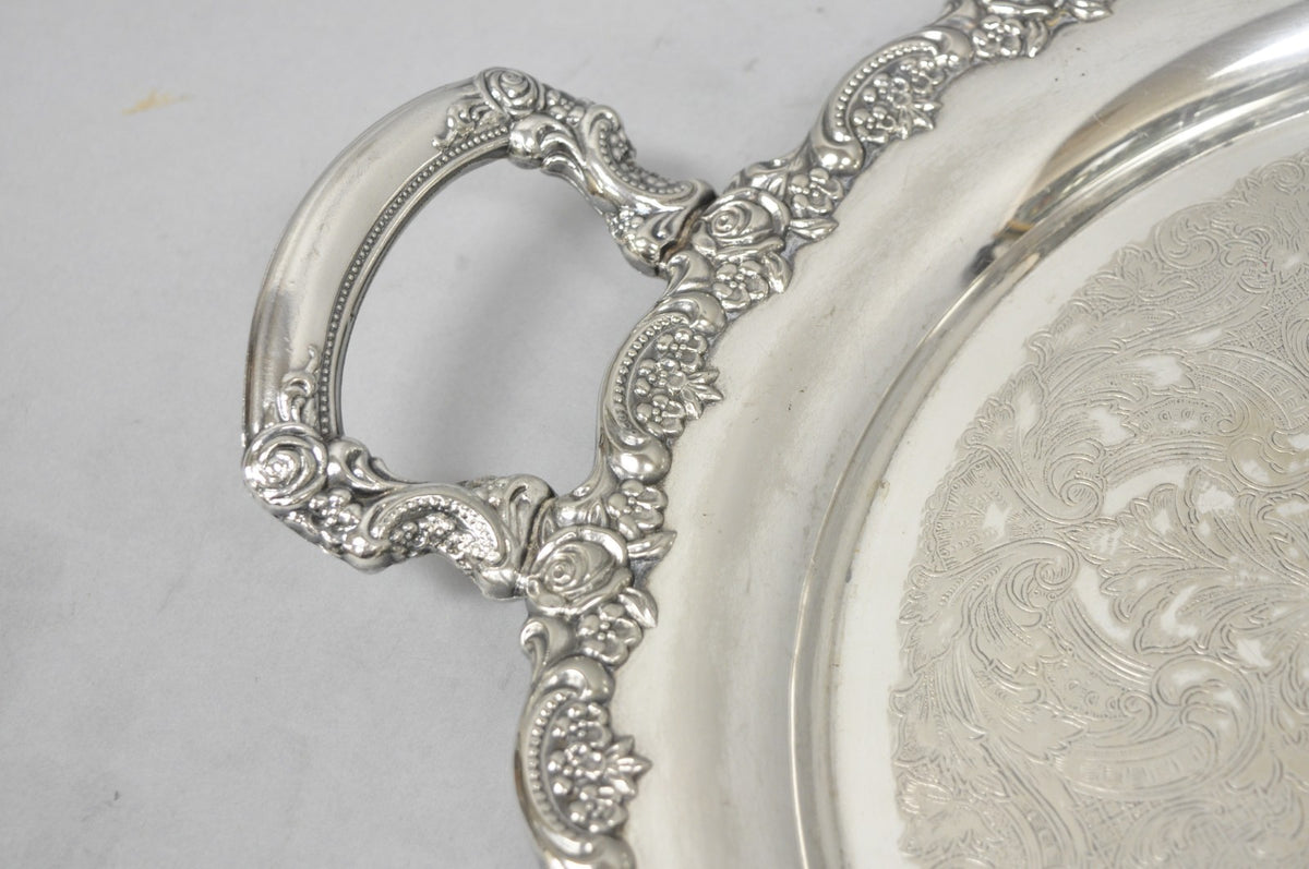 Vintage Oneida Victorian Round Silver Plated Serving Platter Tray w/ Handles