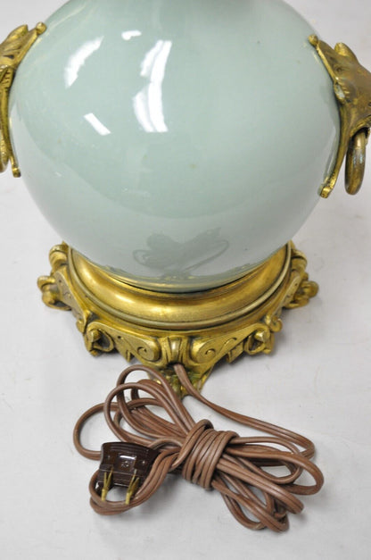 Antique French Celadon Green Bulbous Porcelain Table Lamp w/ Bronze Lion Ormolu