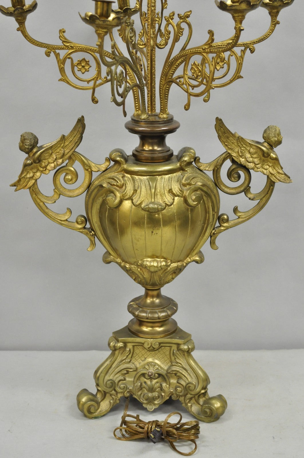 Large Antique French Rococo Louis XV Figural Cherub Bronze Candelabra Lamps Pair