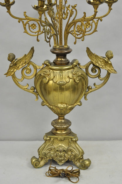 Large Antique French Rococo Louis XV Figural Cherub Bronze Candelabra Lamps Pair