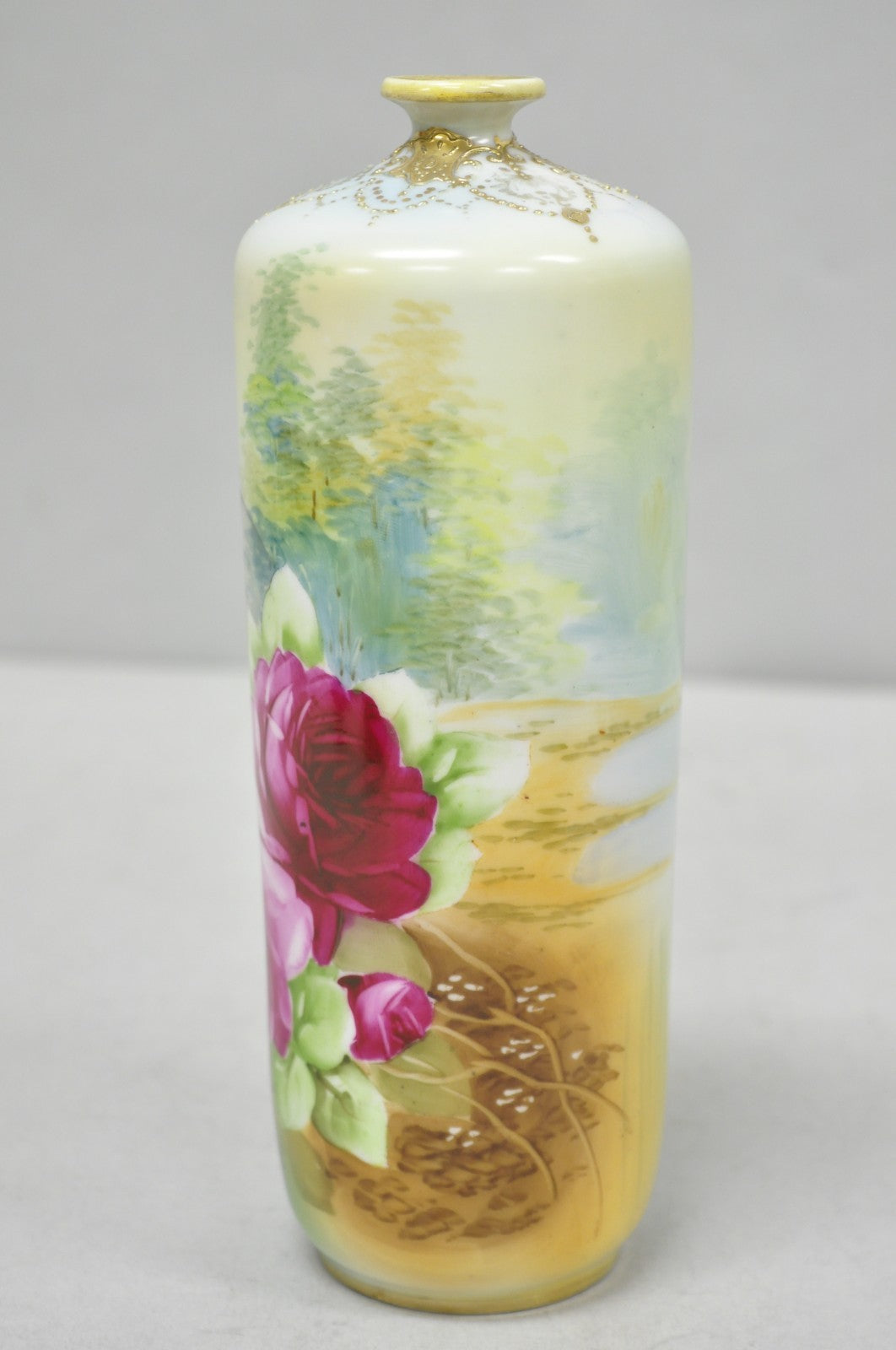 Antique Nippon Hand Painted Pink Rose & Lake Scene Small Porcelain Cylinder Vase