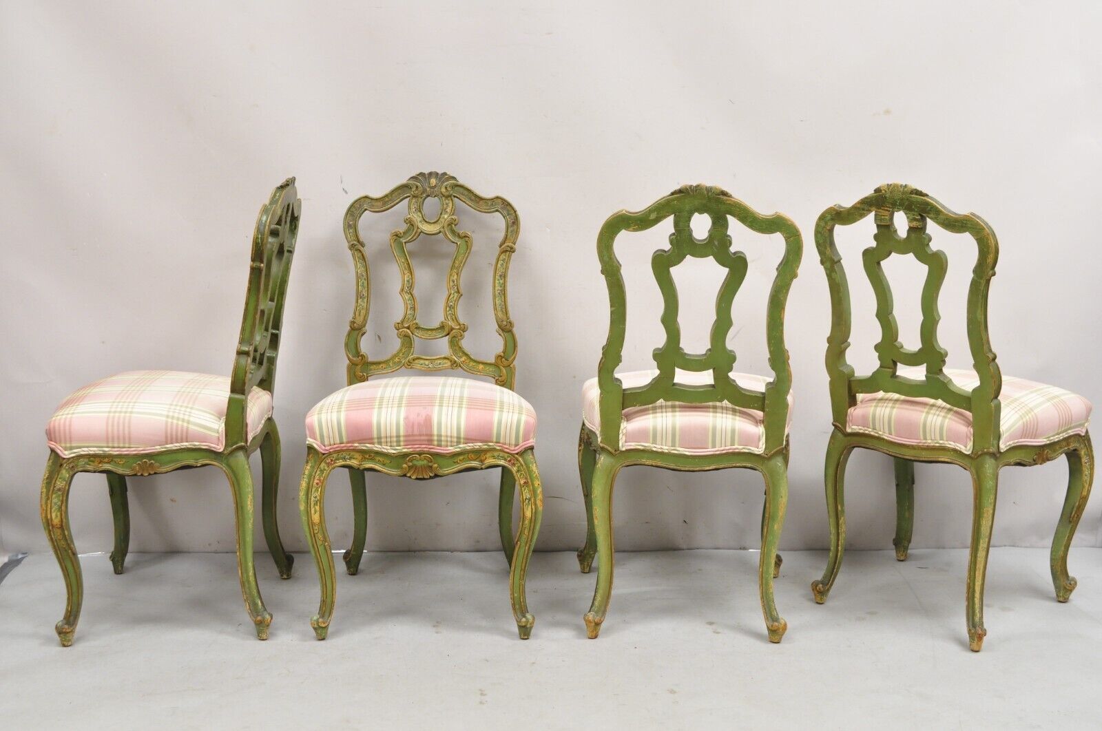 Antique Italian Venetian Green Floral Hand Painted Dining Side Chairs - Set of 4