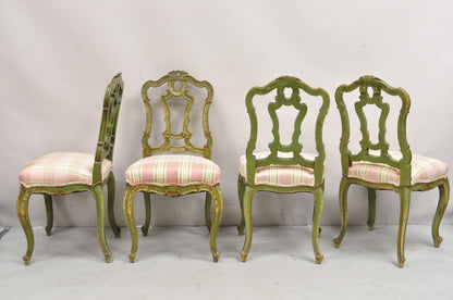 Antique Italian Venetian Green Floral Hand Painted Dining Side Chairs - Set of 4