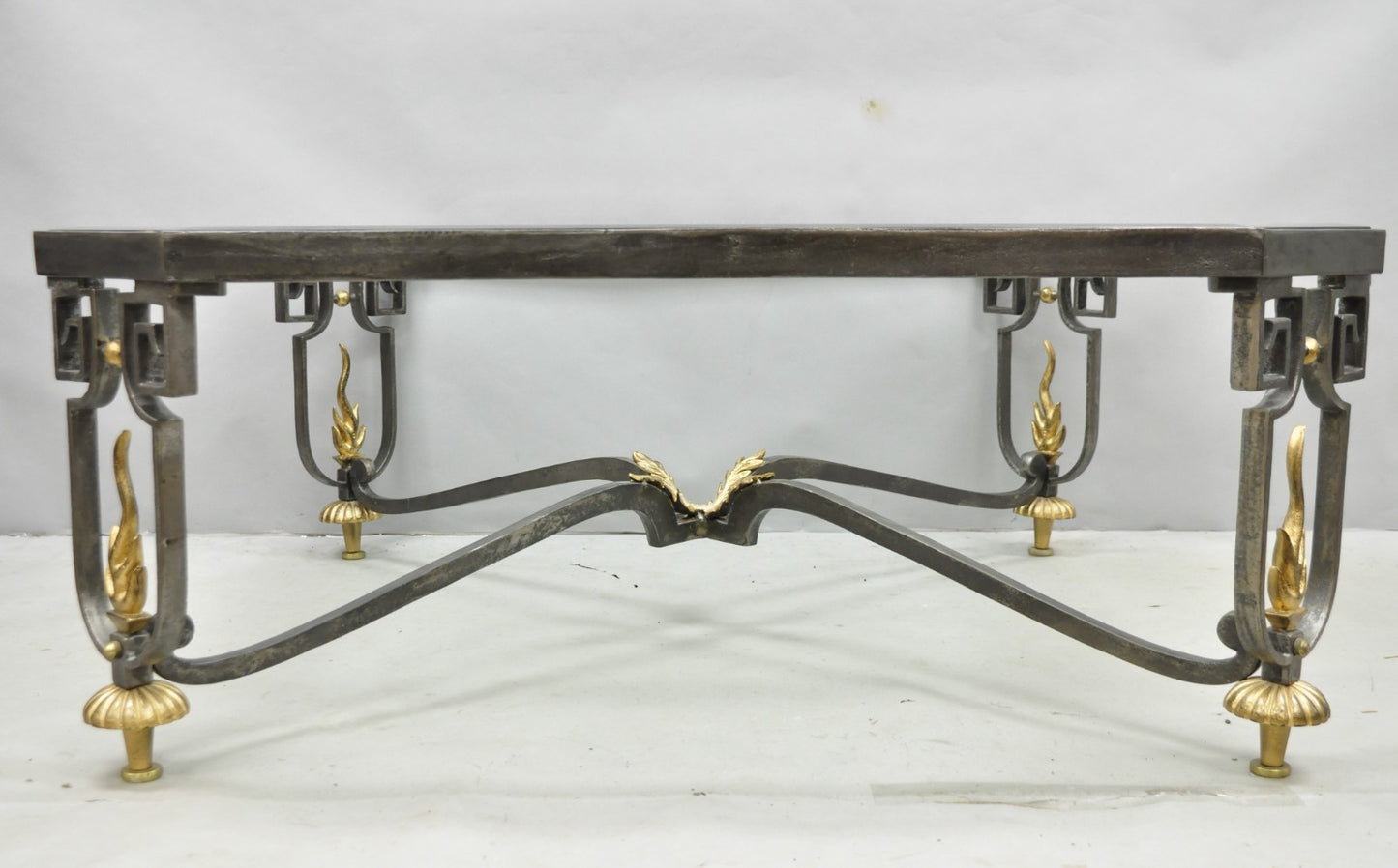 Vintage French Neoclassical Large Wrought Iron & Glass "Flame" Coffee Table