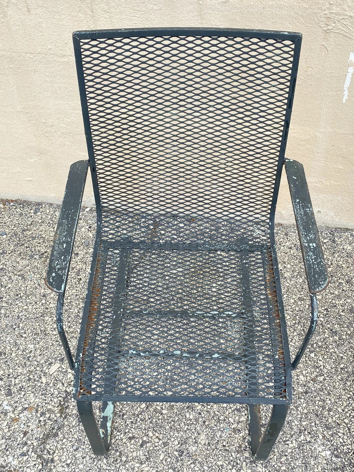 Mid Century Modern Wrought Iron Metal Mesh Cantilever Garden Patio Chair - Pair
