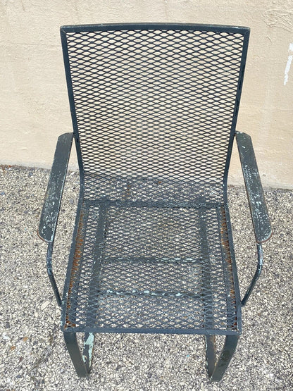 Mid Century Modern Wrought Iron Metal Mesh Cantilever Garden Patio Chair - Pair