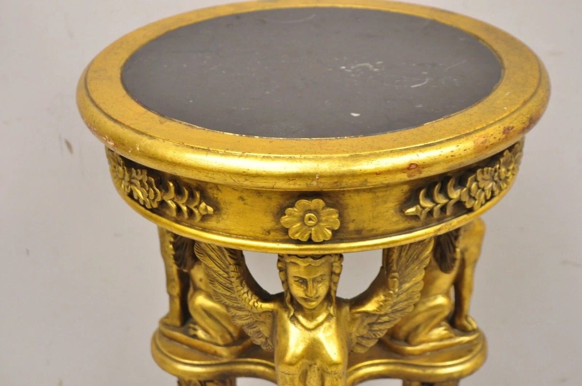 Egyptian Revival Gold Giltwood Marble Top Sphinx Pedestal Side Table Plant Stand