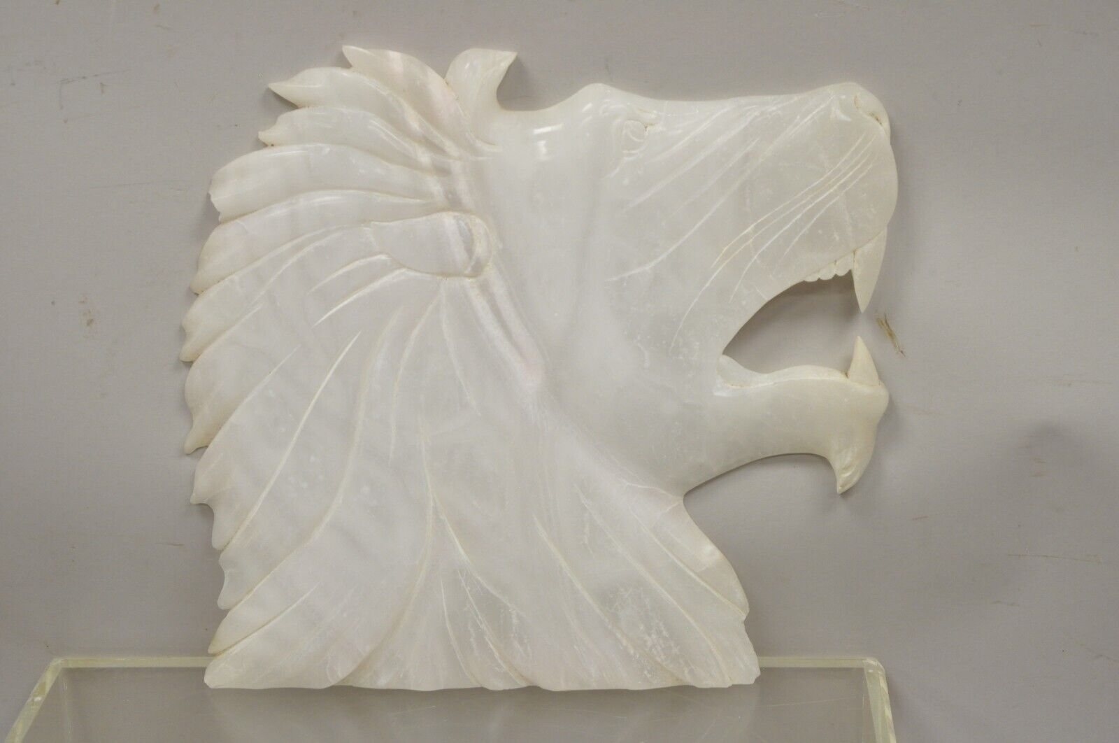 Vintage Italian Carved White Alabaster Lion Head Sculpture Statue Figure (B)