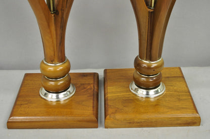 Vintage Mid Century Modern Sculptural Walnut Wood & Brass Table Lamps - a Pair