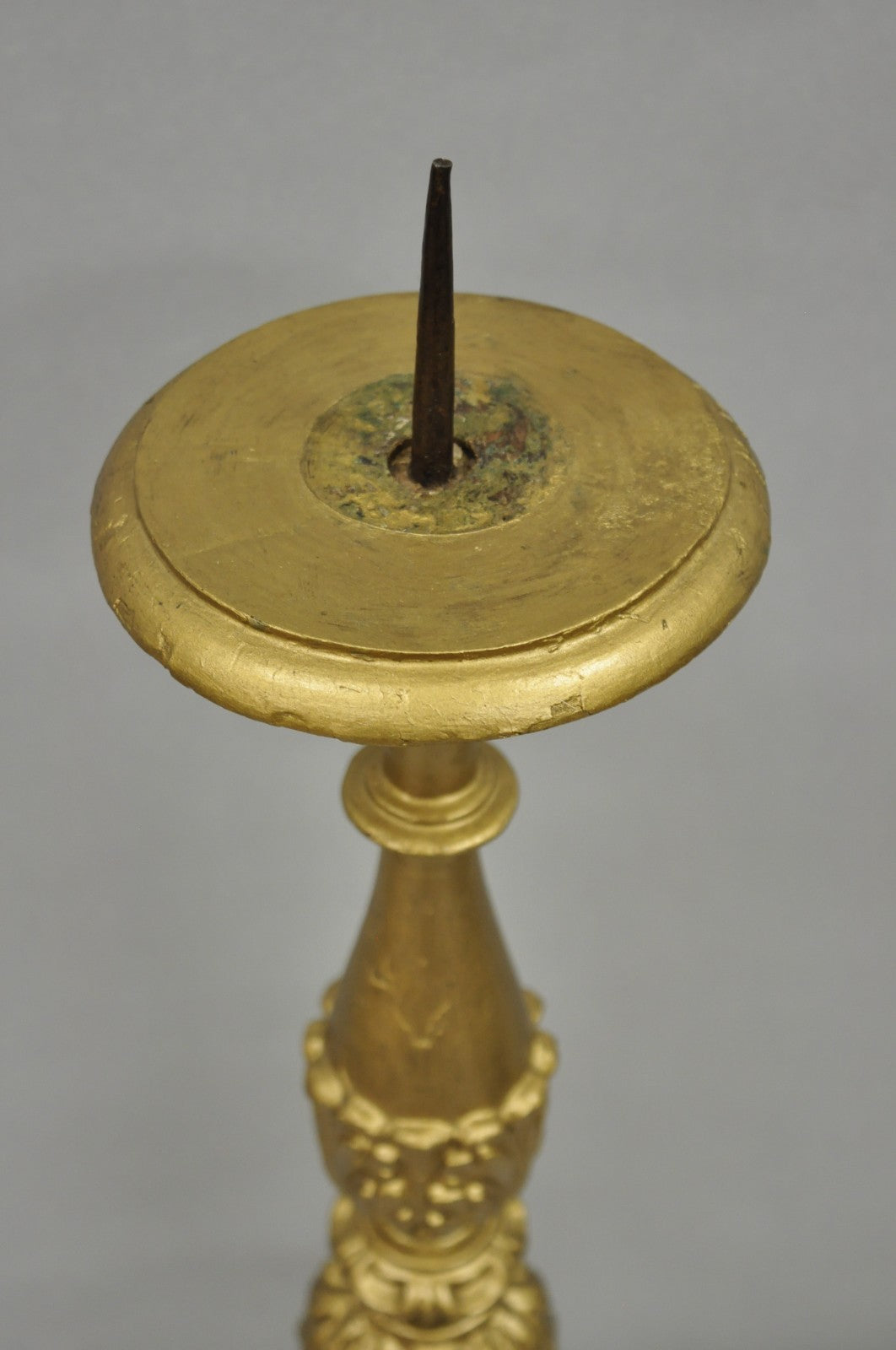 Antique 19th C Italian Neoclassical Carved Gold Giltwood Pricket Candlestick