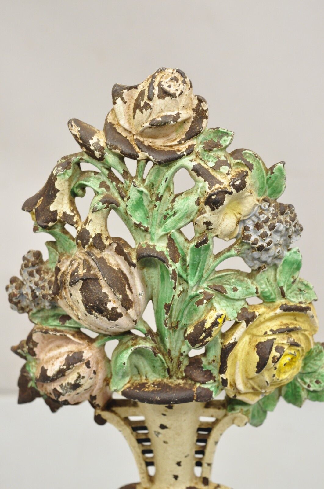 Antique Victorian Hubley Tall Cast Iron Figural Floral Painted Bouquet Door Stop