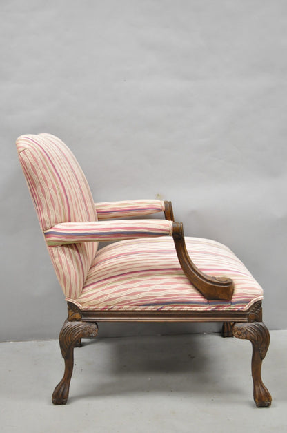 Vintage Georgian Style Carved Walnut Paw Foot Pink Upholstered Club Lounge Chair