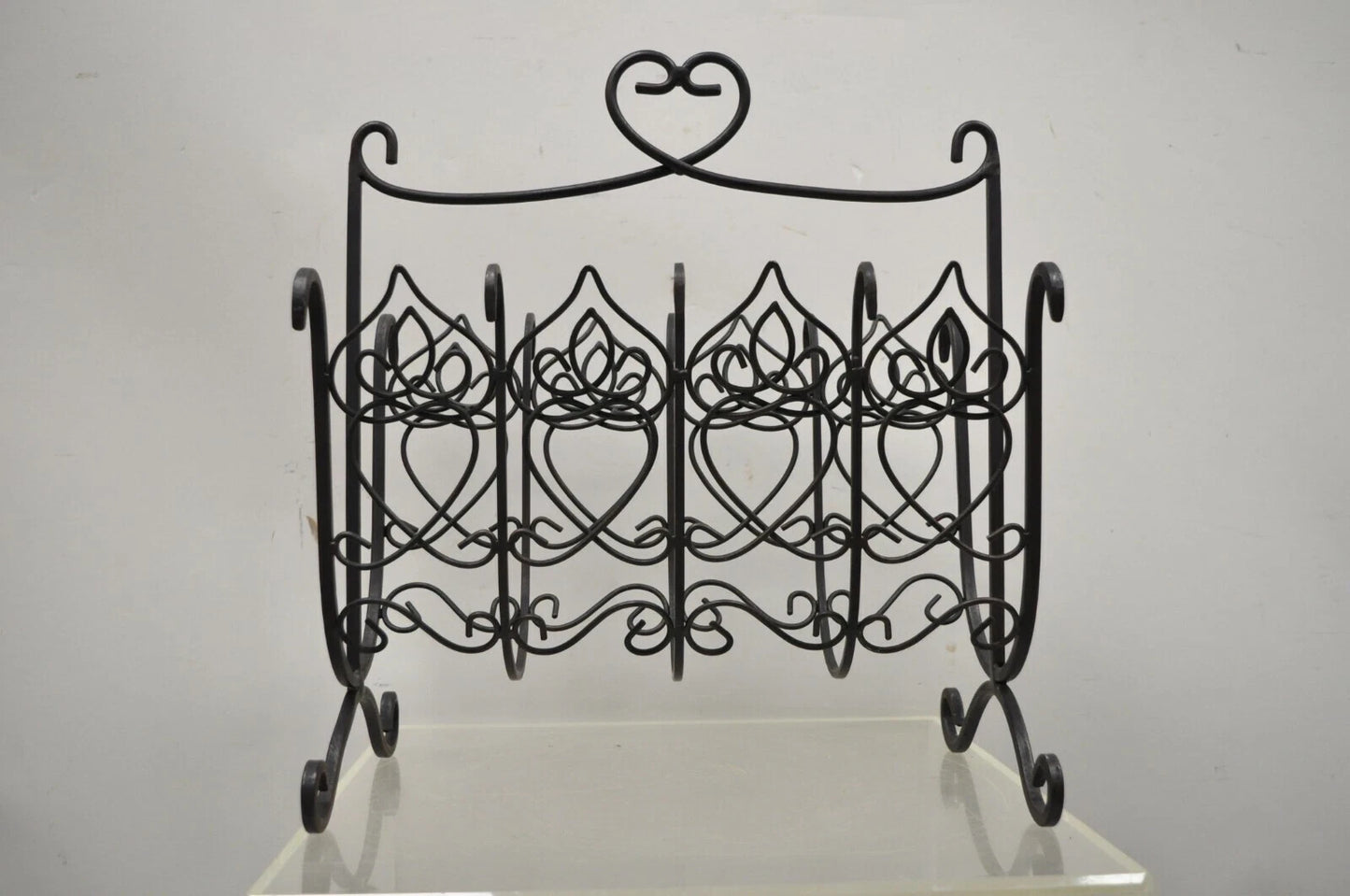 Vintage French Style Scrolling Wrought Iron Magazine Rack Stand with Heart