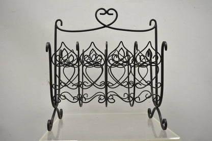 Vintage French Style Scrolling Wrought Iron Magazine Rack Stand with Heart