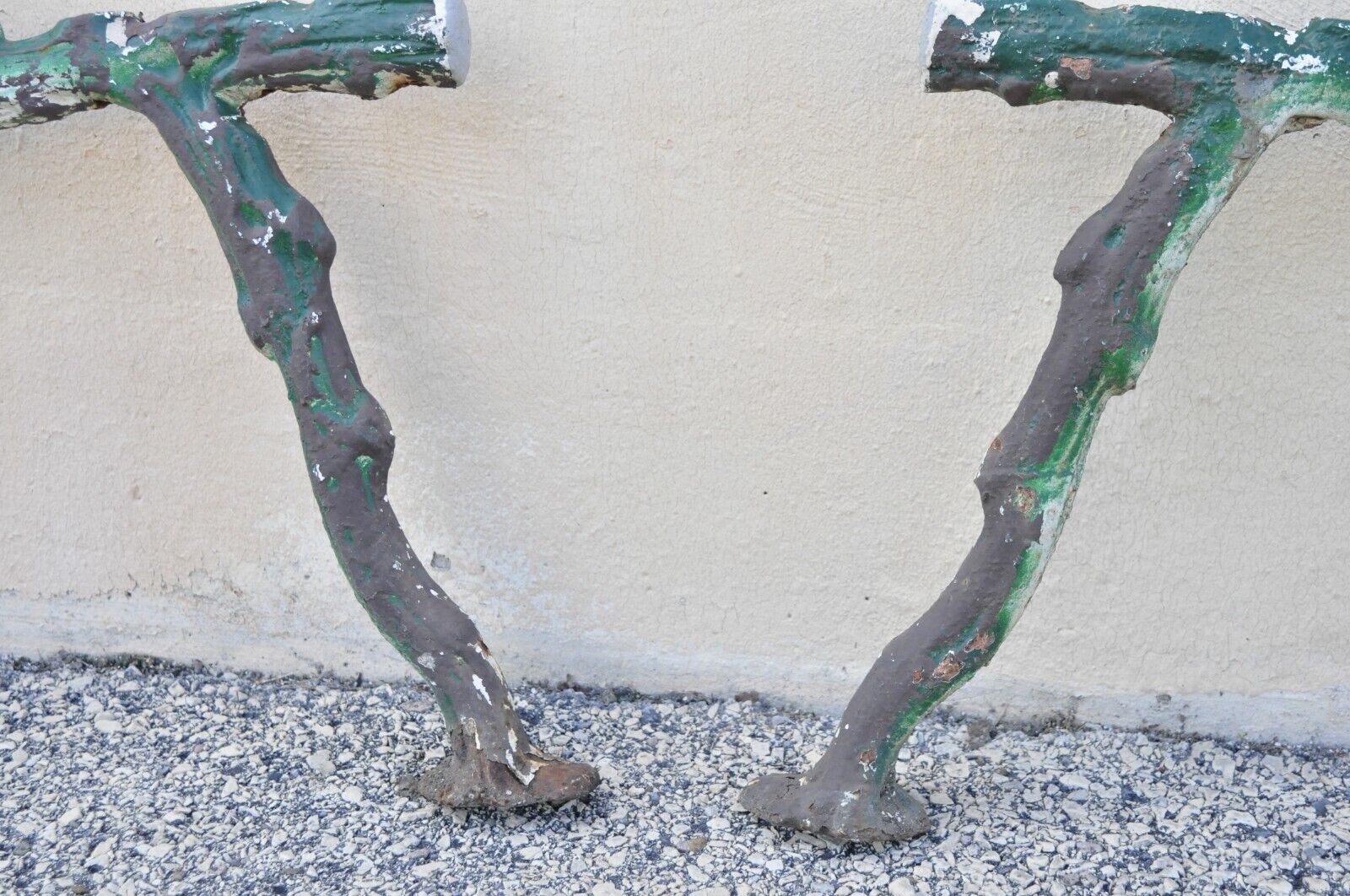 Antique Cast Iron Victorian Faux Bois Green Branch Twig Garden Bench Legs - Pair