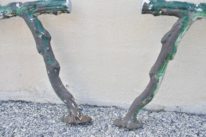 Antique Cast Iron Victorian Faux Bois Green Branch Twig Garden Bench Legs - Pair