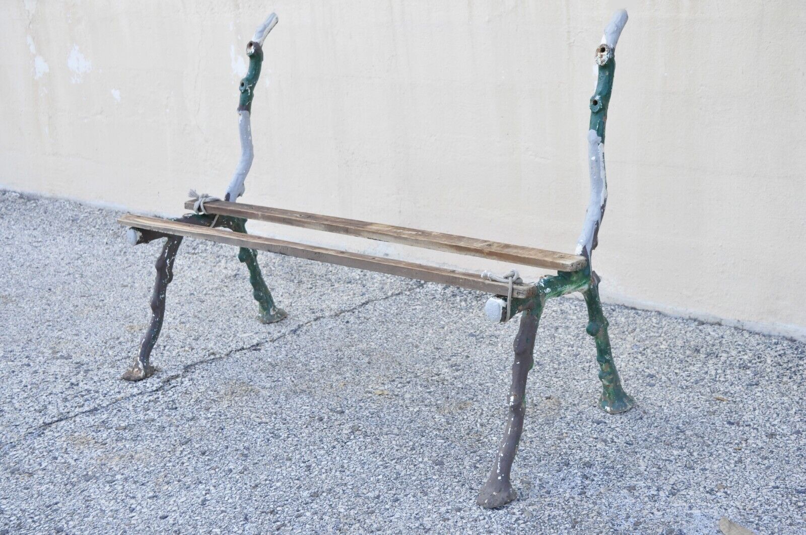 Antique Cast Iron Victorian Faux Bois Green Branch Twig Garden Bench Legs - Pair