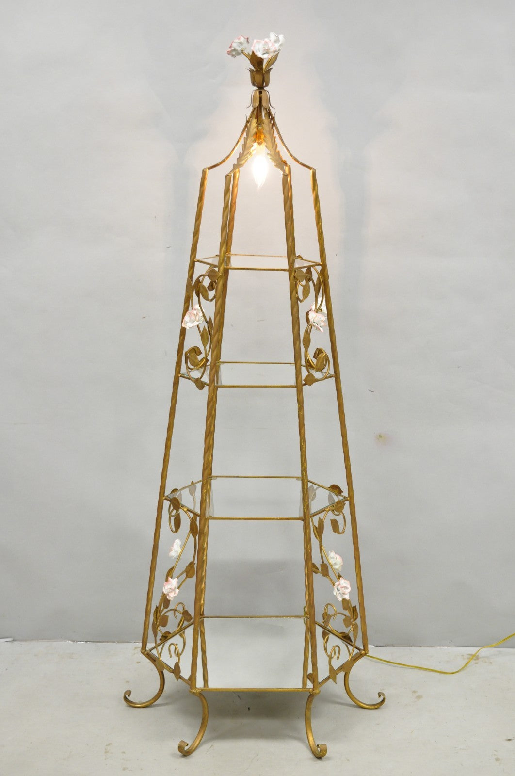 Vintage Italian Hollywood Regency Gold Tole Metal 4 Tier Lighted Etagere Curio