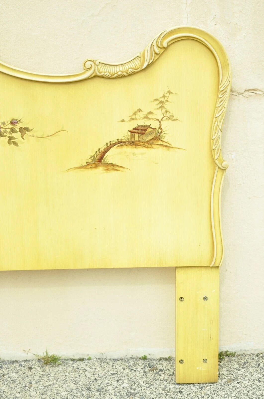 Vintage Chinoiserie Yellow Painted King Size Bed Headboard by Union National