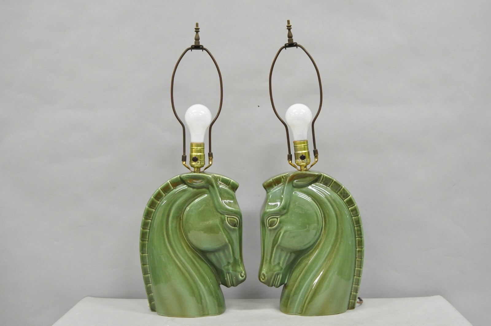 Vintage Mid Century Modern Green Glazed Ceramic Horse Head Table Lamps - a Pair