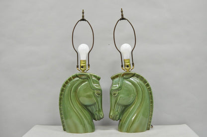 Vintage Mid Century Modern Green Glazed Ceramic Horse Head Table Lamps - a Pair