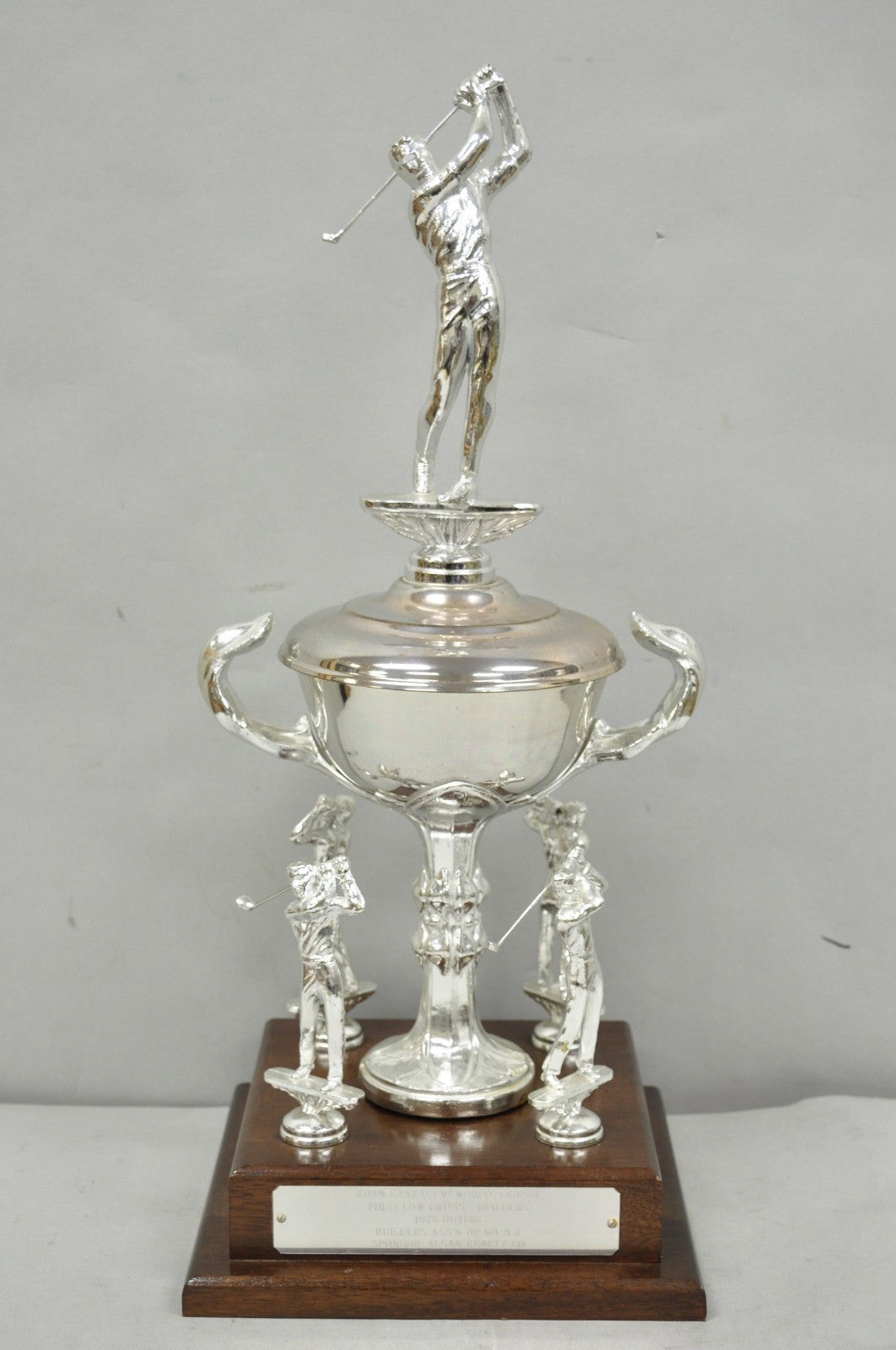 Vintage 1970s Silver Metal & Wood Figural Golf Trophy Award Cup John Sanzari