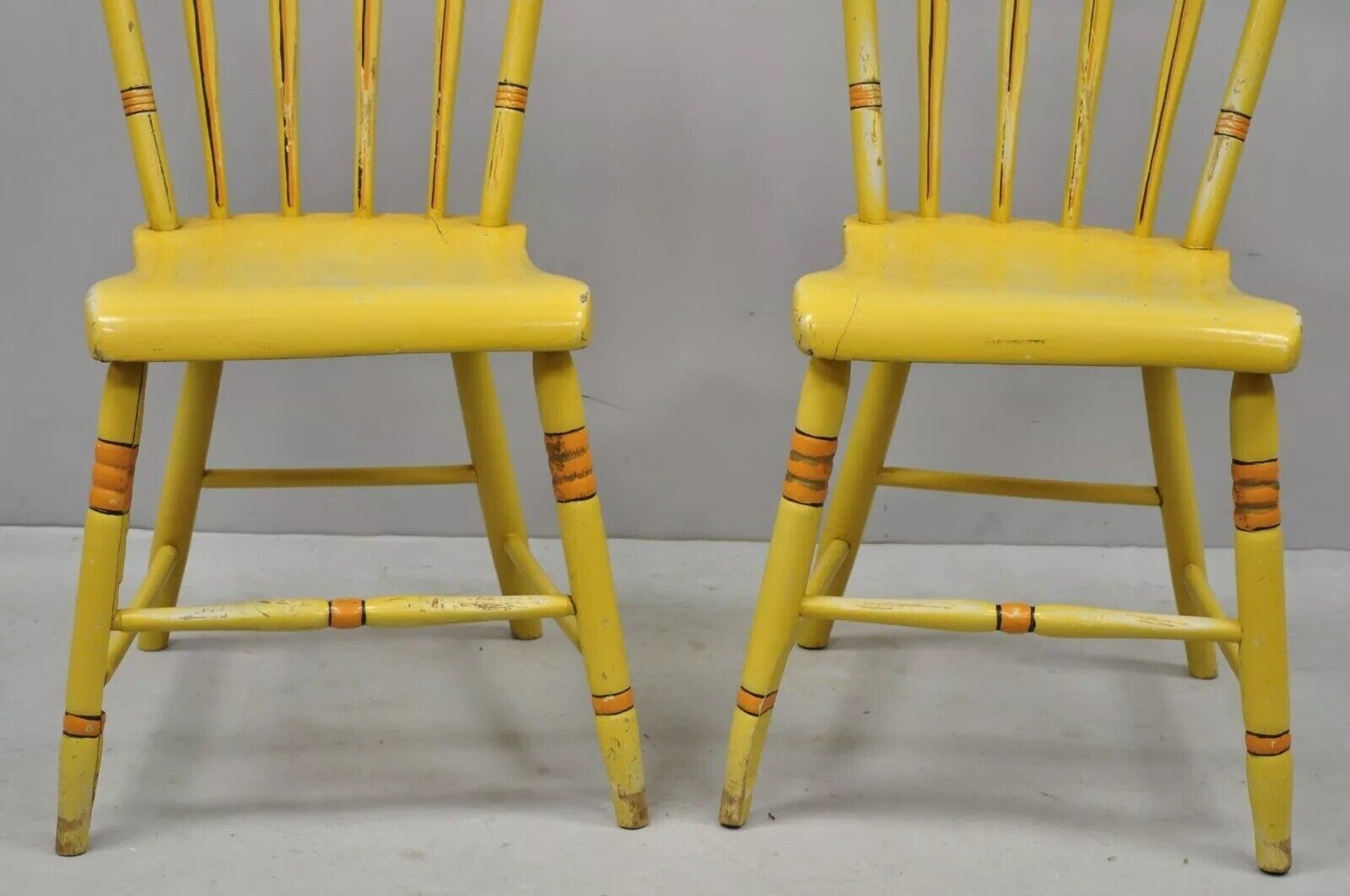 Antique Windsor Hitchcock Style Yellow Painted Plank Seat Side Chairs - a Pair