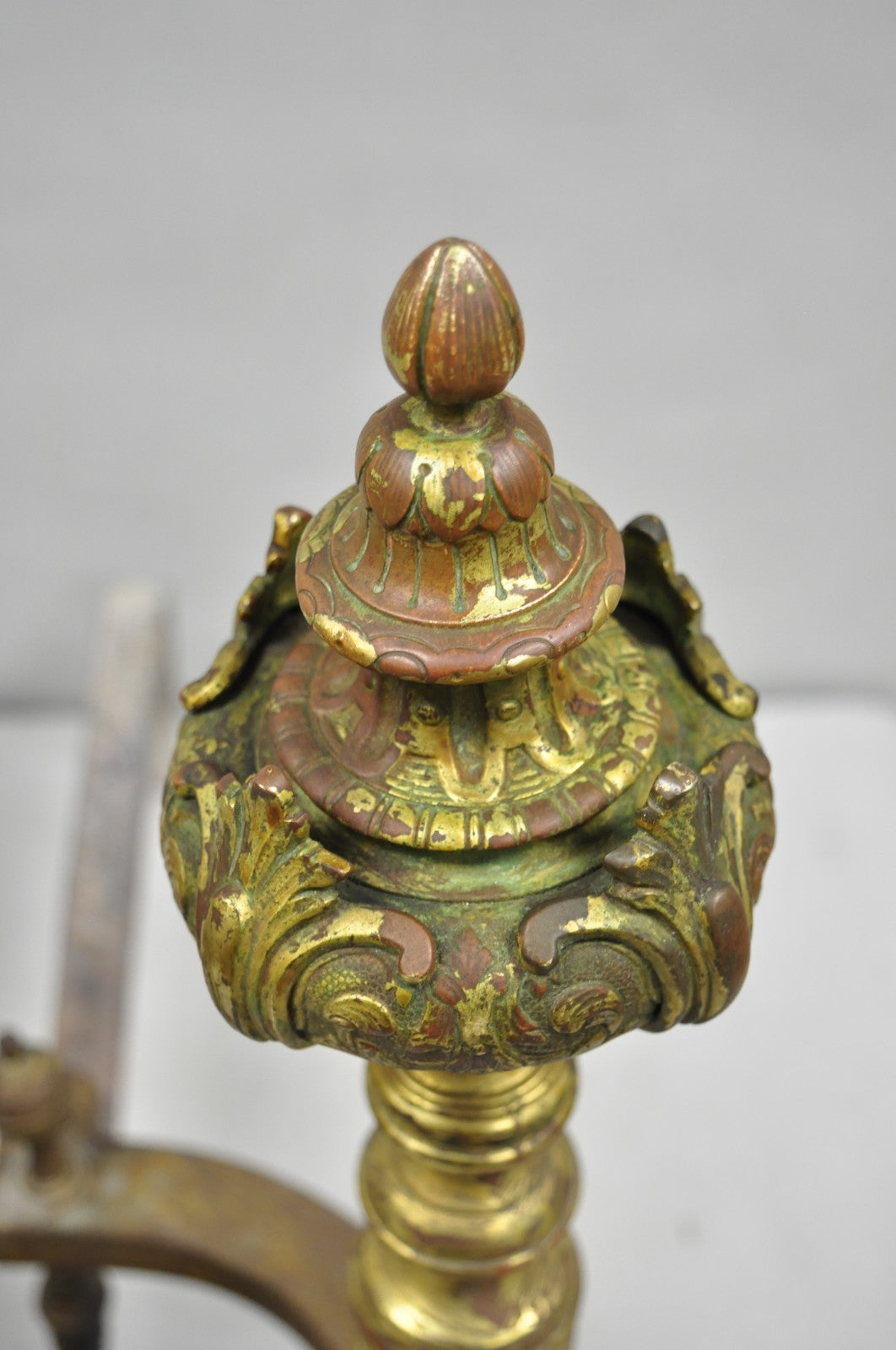 Antique French Baroque Louis XV Style Bronze Brass Andirons with Patina - a Pair