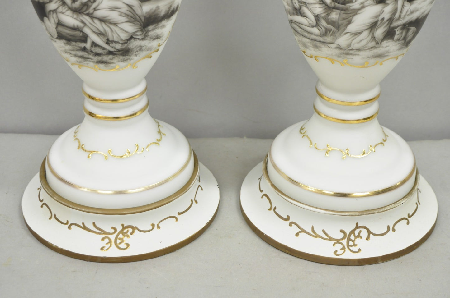 Vintage French Country Renaissance Frosted Glass Urn "Courting" Table Lamp, Pair