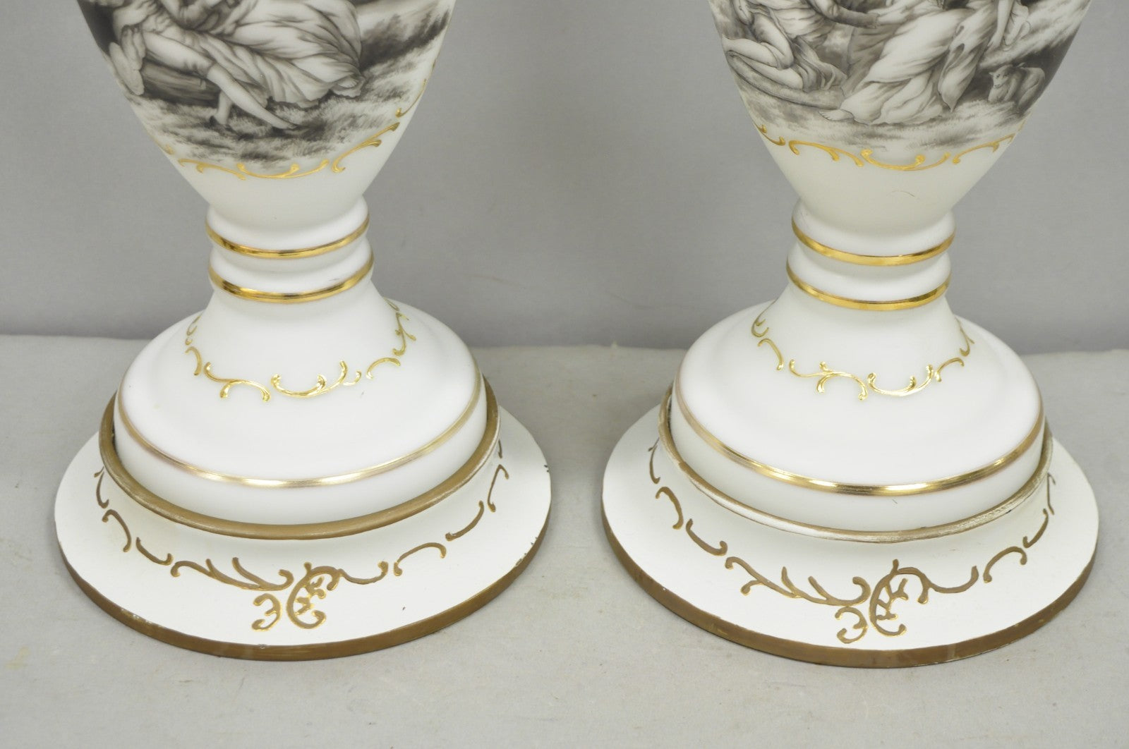 Vintage French Country Renaissance Frosted Glass Urn "Courting" Table Lamp, Pair