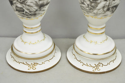 Vintage French Country Renaissance Frosted Glass Urn "Courting" Table Lamp, Pair