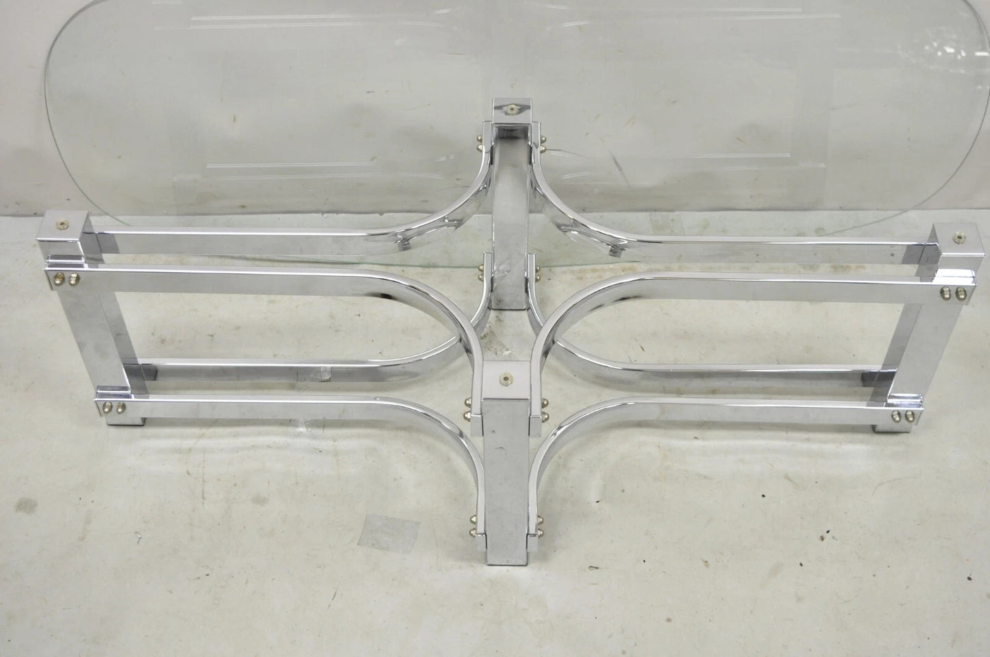 Vintage Mid Century Modern Oval Glass Top Sculptural Chrome Frame Coffee Table