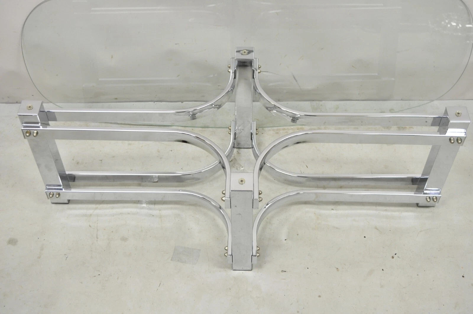 Vintage Mid Century Modern Oval Glass Top Sculptural Chrome Frame Coffee Table