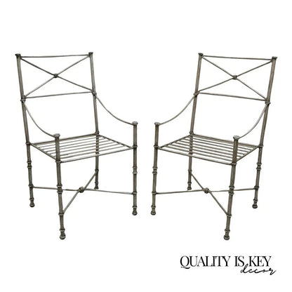 Pier 1 Medici Pewter Wrought Iron Neoclassical Style Dining Side Chairs - a Pair