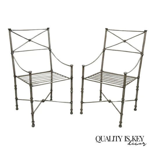 Pier 1 Medici Pewter Wrought Iron Neoclassical Style Dining Side Chairs - a Pair