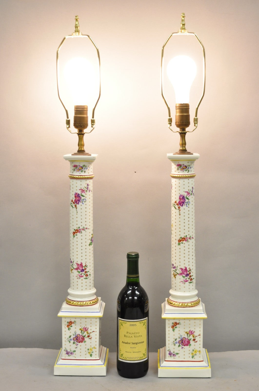 Vintage Victorian French Porcelain Column Table Lamps w Painted Flowers - a Pair