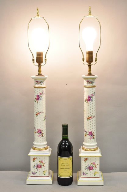 Vintage Victorian French Porcelain Column Table Lamps w Painted Flowers - a Pair